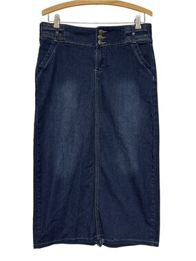No Fuze Long Modest Dark Wash Denim Jean Straight  Midi Maxi Skirt Size 8 Chirch